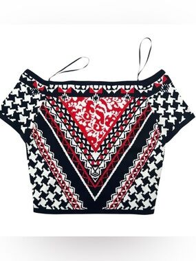 Jealous Tomato off-shoulder Geometric knit crop top Navy Red White Size S